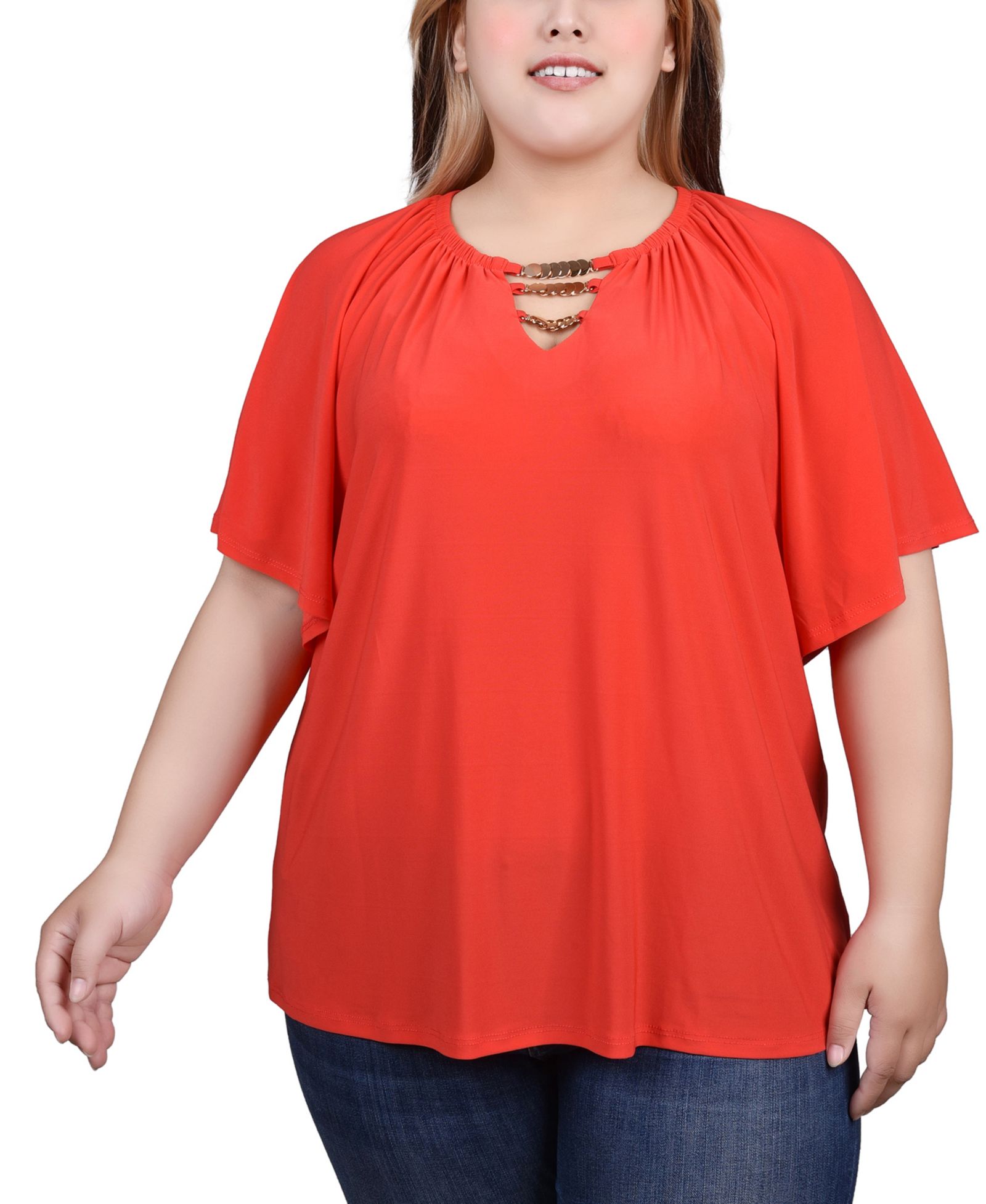 NY Collection Plus Size Raglan Sleeve Top with Chain Details