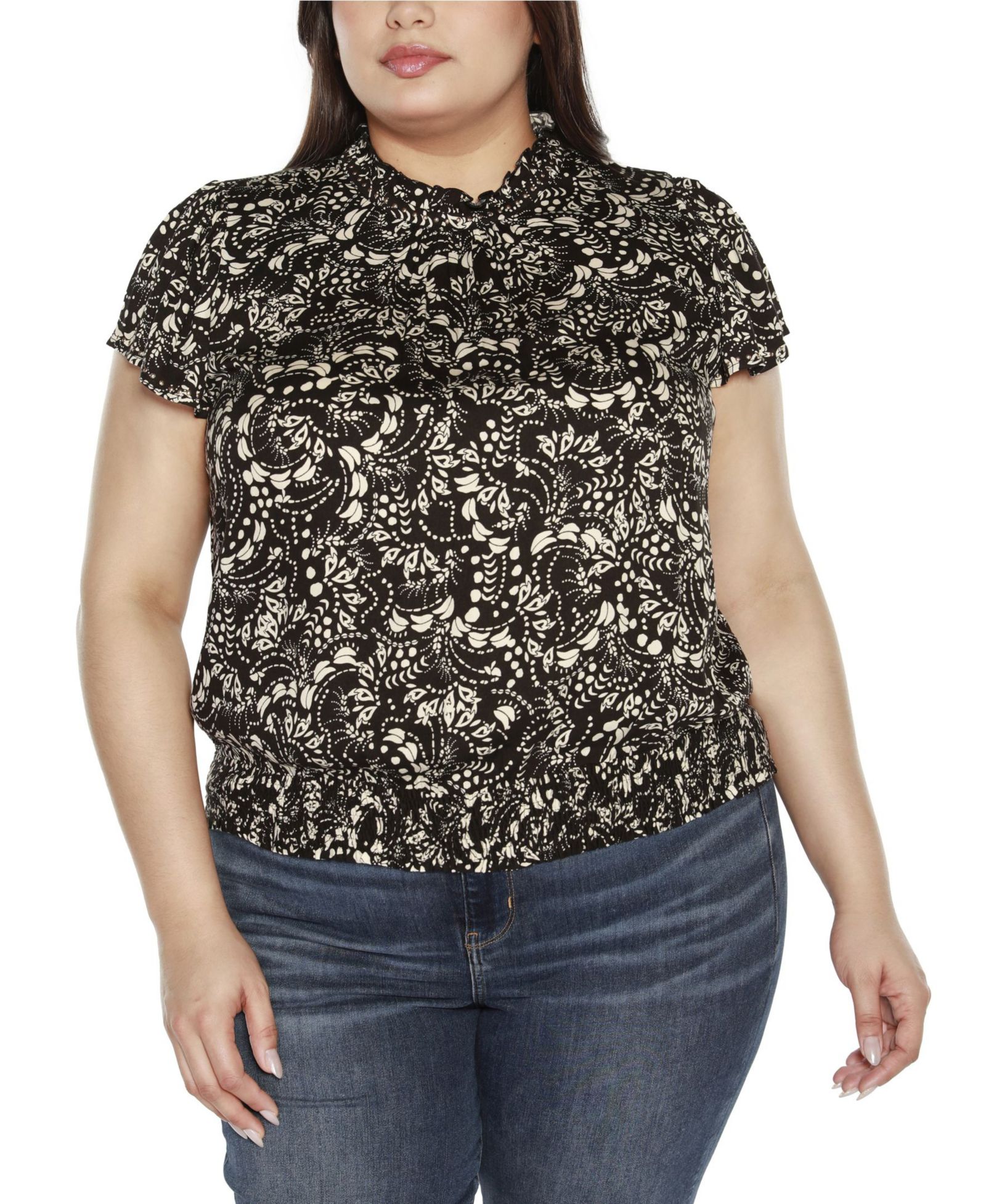 Belldini Black Label Plus Size Embellished Printed Cap-Sleeve Blouse