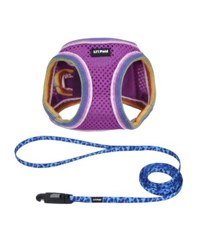 Coastal Pet Li'l Pals by Dog Walking Bundle - Patterned Dog Leash with E-Z Snap (Light Blue Paw, 3/8" x 6') & Comfort Mesh Dog Harness (Orchid, 3/8" x 8"–10")