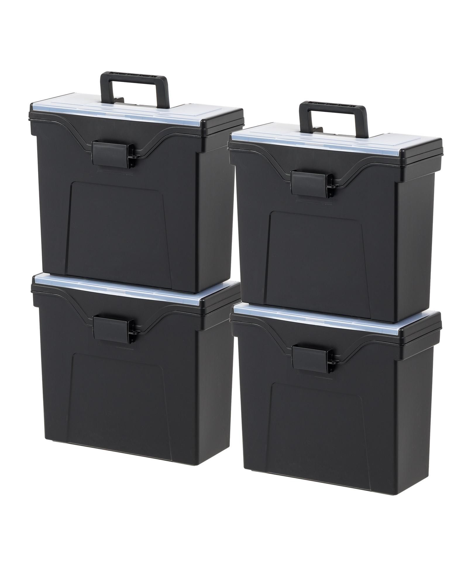 IRIS USA File Box Slim Portable File Organizer Plastic File Box for Letter File w/ Organizer-Lid, BPA-Free Plastic Storage Organizer with Secure Buckle and Handle, Black 4 Pack