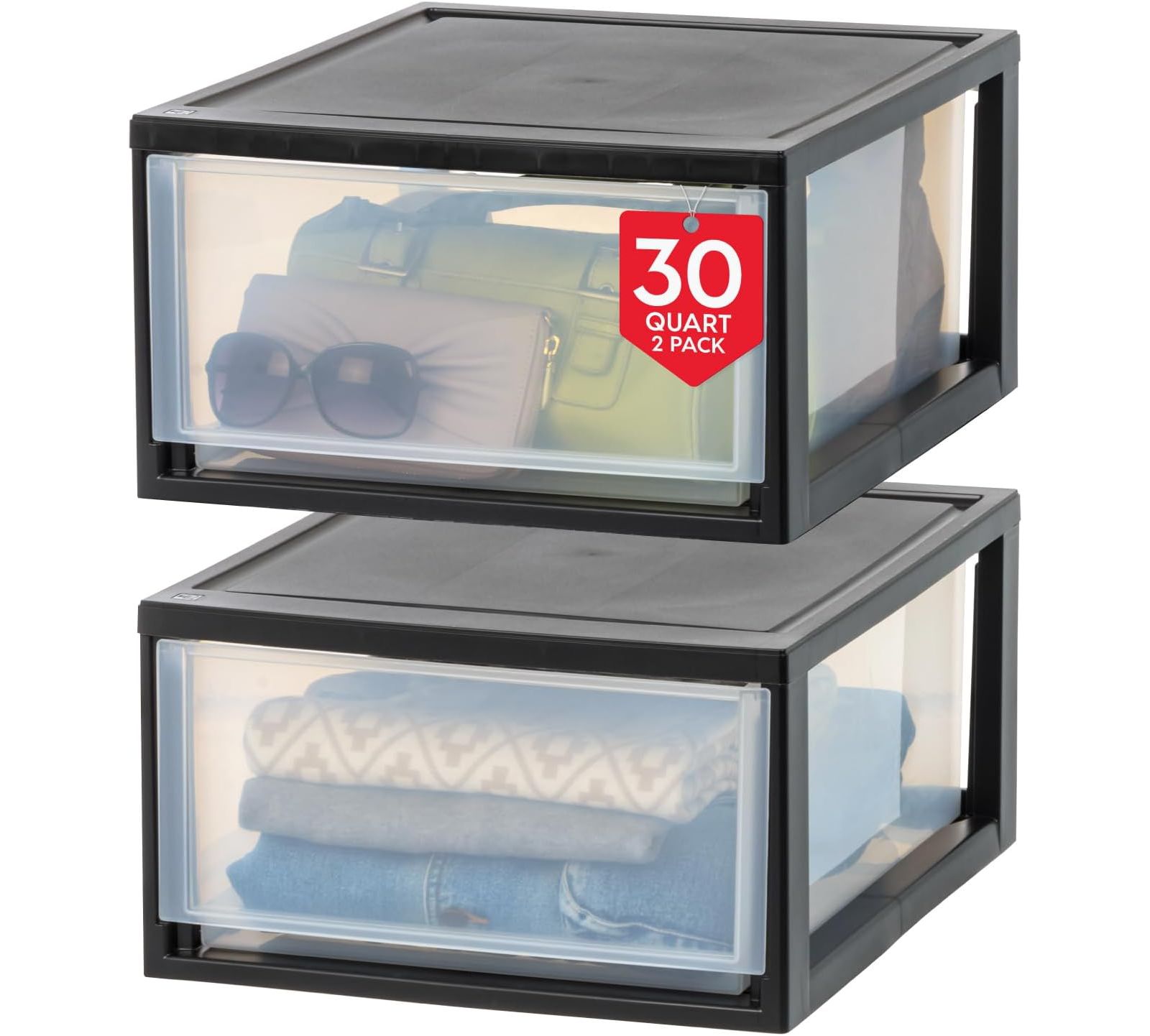 IRIS USA 30 Qt. Stackable Storage Drawer, 2 Pack, Plastic Drawer Organizer with Clear Doors for Pantry, Bedroom, Closet, Kitchen, Under-Sink, Home