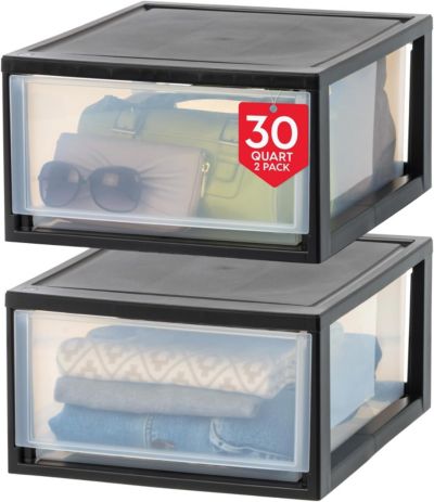 IRIS USA 30 Qt. Stackable Storage Drawer, 2 Pack, Plastic Drawer Organizer with Clear Doors for Pantry, Bedroom, Closet, Kitchen, Under-Sink, Home