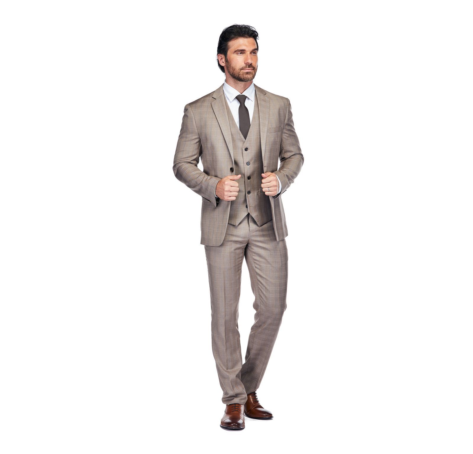 Gino Vitale Men's 3 Piece Slim Fit Brown Check Suit