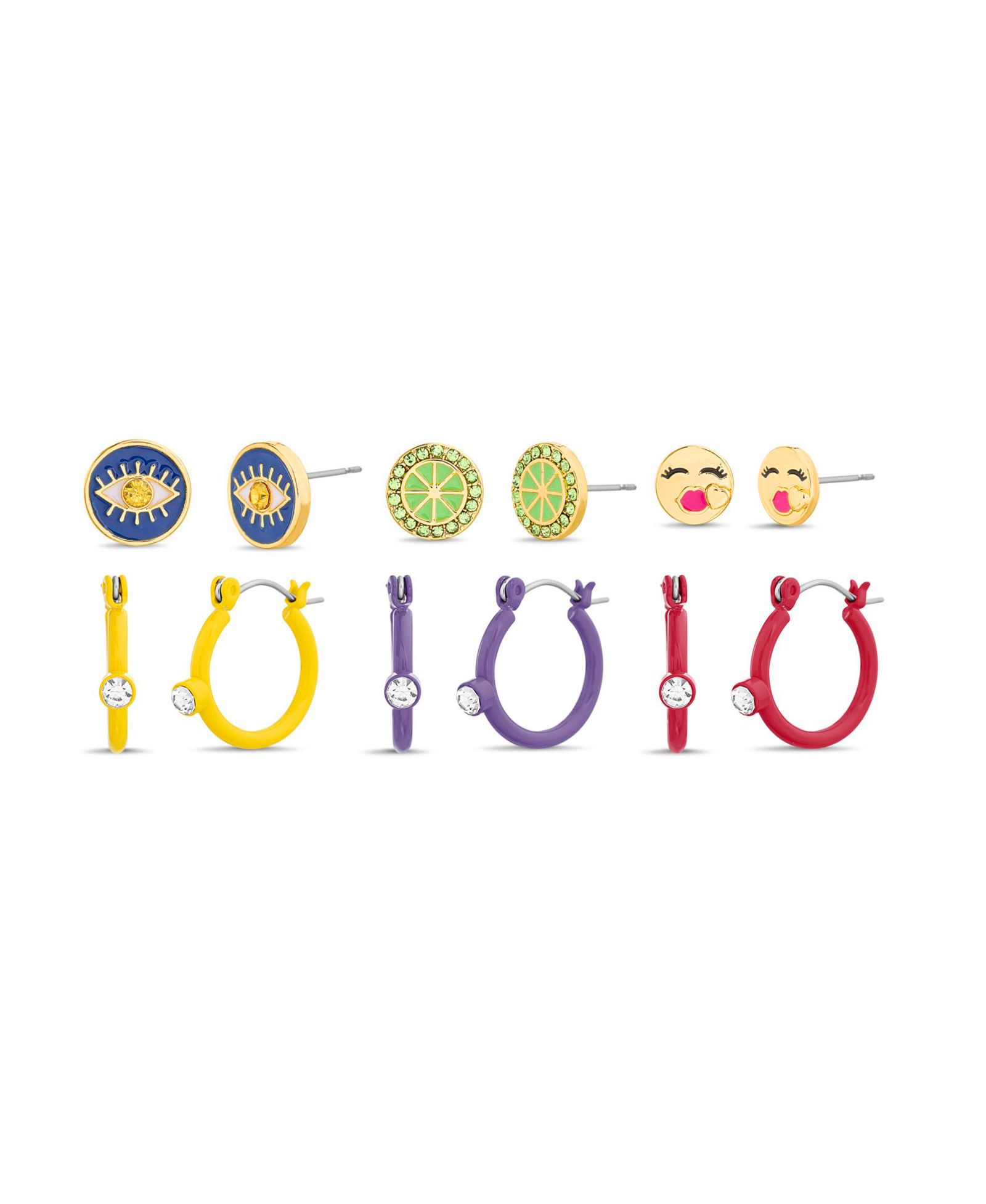 Набор серег Kensie Cubic Zirconia Evil Eye, Lime and Kiss Emoji Stud и Hoop