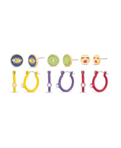 kensie 6 Piece Mixed Cubic Zirconia Evil Eye, Lime and Kiss Emoji Stud and Hoop Earring Set