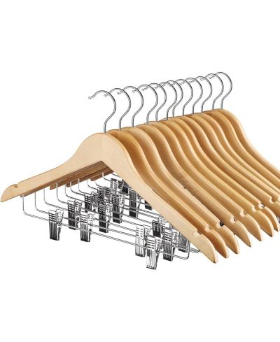 HOUSE DAY Wooden Suit & Skirt Hangers with Adjustable Clips Natural 12 Pack