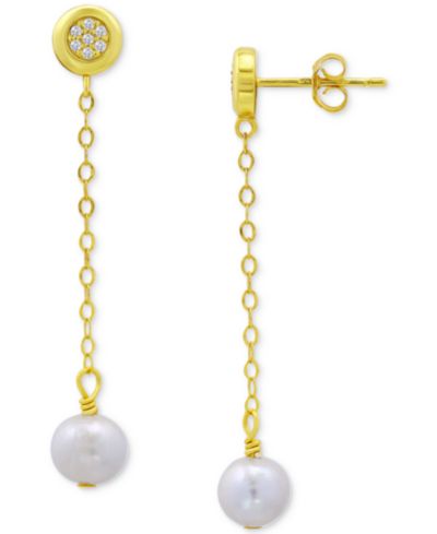 Giani Bernini Cultured Freshwater Pearl (7mm) & Cubic Zirconia Chain Drop Earrings in 18k Gold-Plated Sterling Silver, Created for Macy's