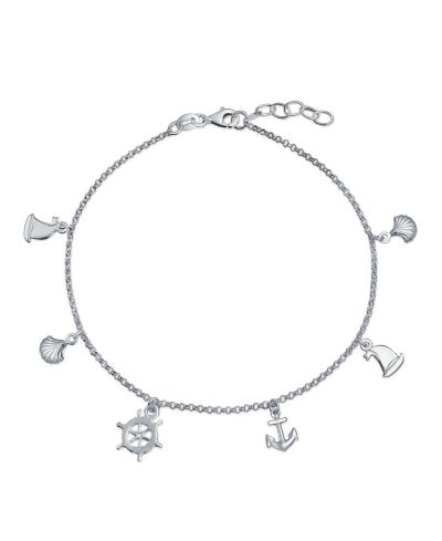 Bling Jewelry Nautical Anchor Sailboat Ship Wheel Sea Shell Anklet Ankle Bracelet .925 Sterling Silver Adjustable