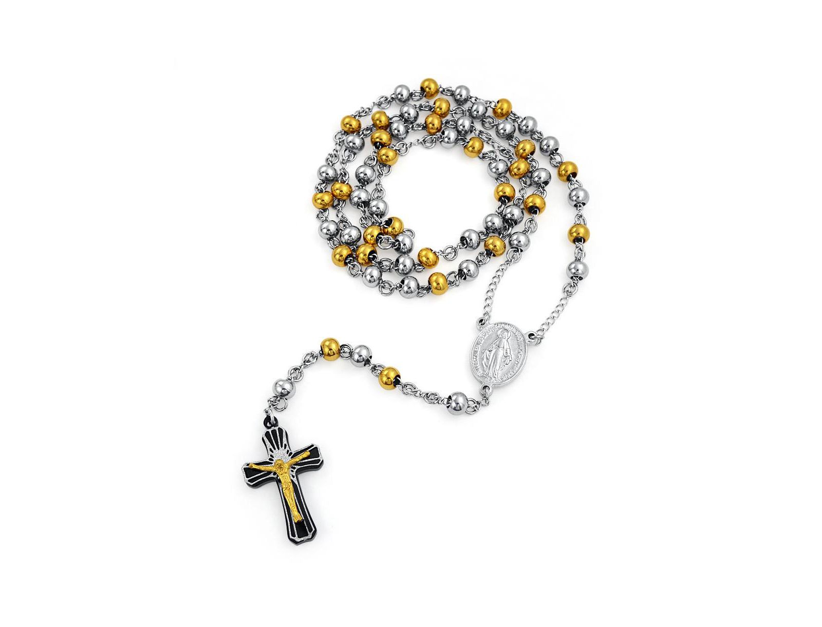 Bling Jewelry Розарий с распятием Иисуса и Девы Марии, нержавеющая сталь, двухцветный