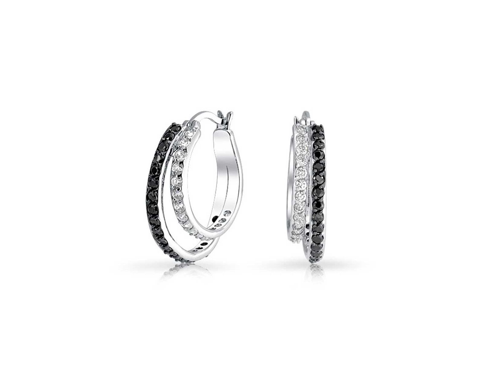 Серьги Bling Jewelry Elegant Black and White CZ Pave 2-Tone Double Hoop Silver Plated