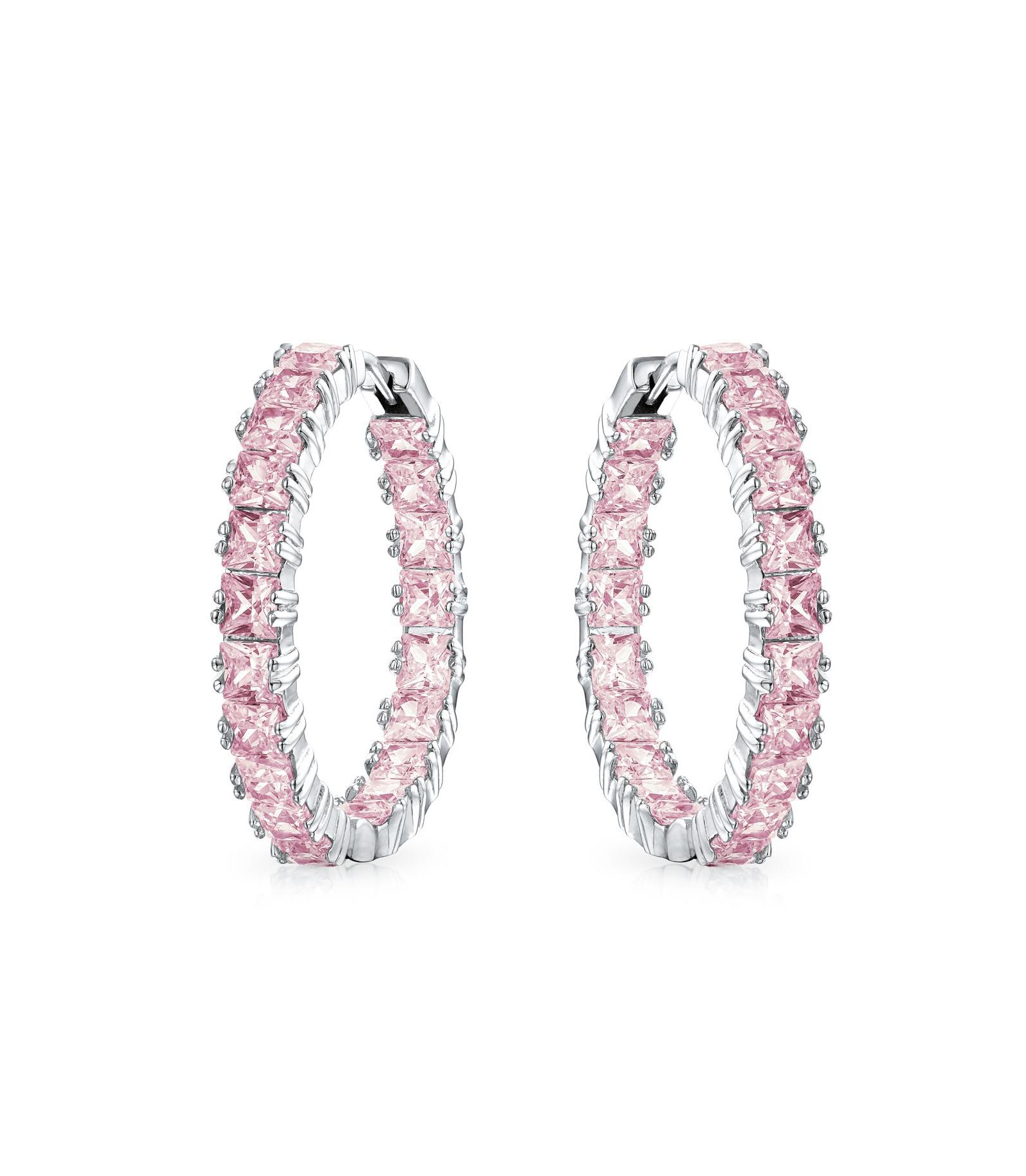 Серьги Bling Jewelry Pink Inside Out Large CZ Cocktail Hoop Silver Plated