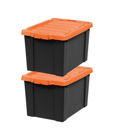 IRIS USA 19 Gallon Lockable Storage Totes with Lids, 2 Pack - Orange Lid, Heavy-Duty Durable Stackable Containers, Large Garage Organizing Bins Moving Tubs, Rugged Sturdy Equipment Utility Tool Box