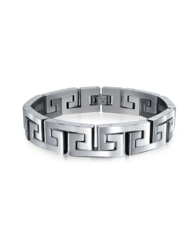 Bling Jewelry Men's Greek Key Link Bracelet Silver Tone Stainless Steel and Wood 8.5 Inch