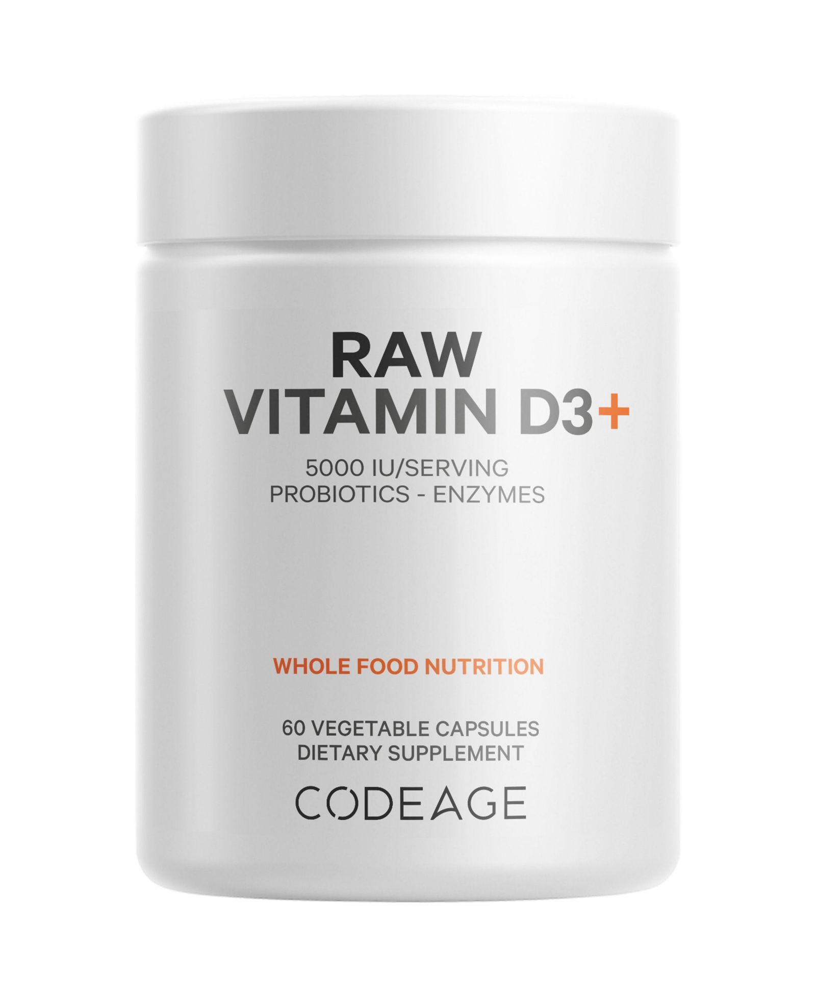 Codeage Raw Vitamin D3+ Высокоэффективная добавка 5000 IU с Omega-9, пробиотиками, пищеварительными ферментами, фруктами и зеленью 60 капсул
