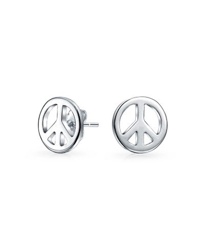 Bling Jewelry Tiny World Peace Sign Stud Earrings Silver Plated .925 Sterling Silver