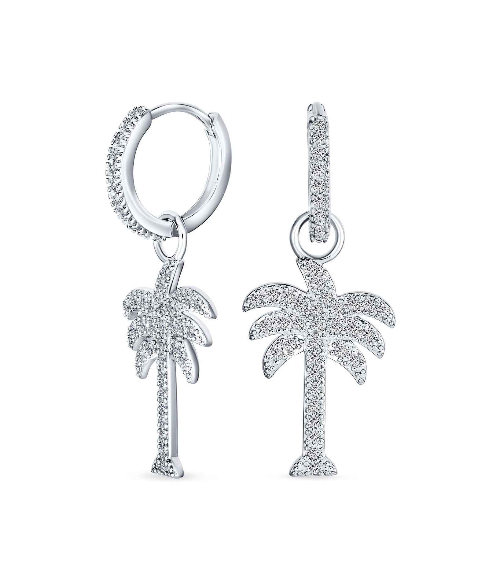 Bling Jewelry Серьги-кольца с пальмой, Гавайская тематика, CZ, стерлинговое серебро