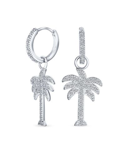 Bling Jewelry Серьги-кольца с пальмой, Гавайская тематика, CZ, стерлинговое серебро