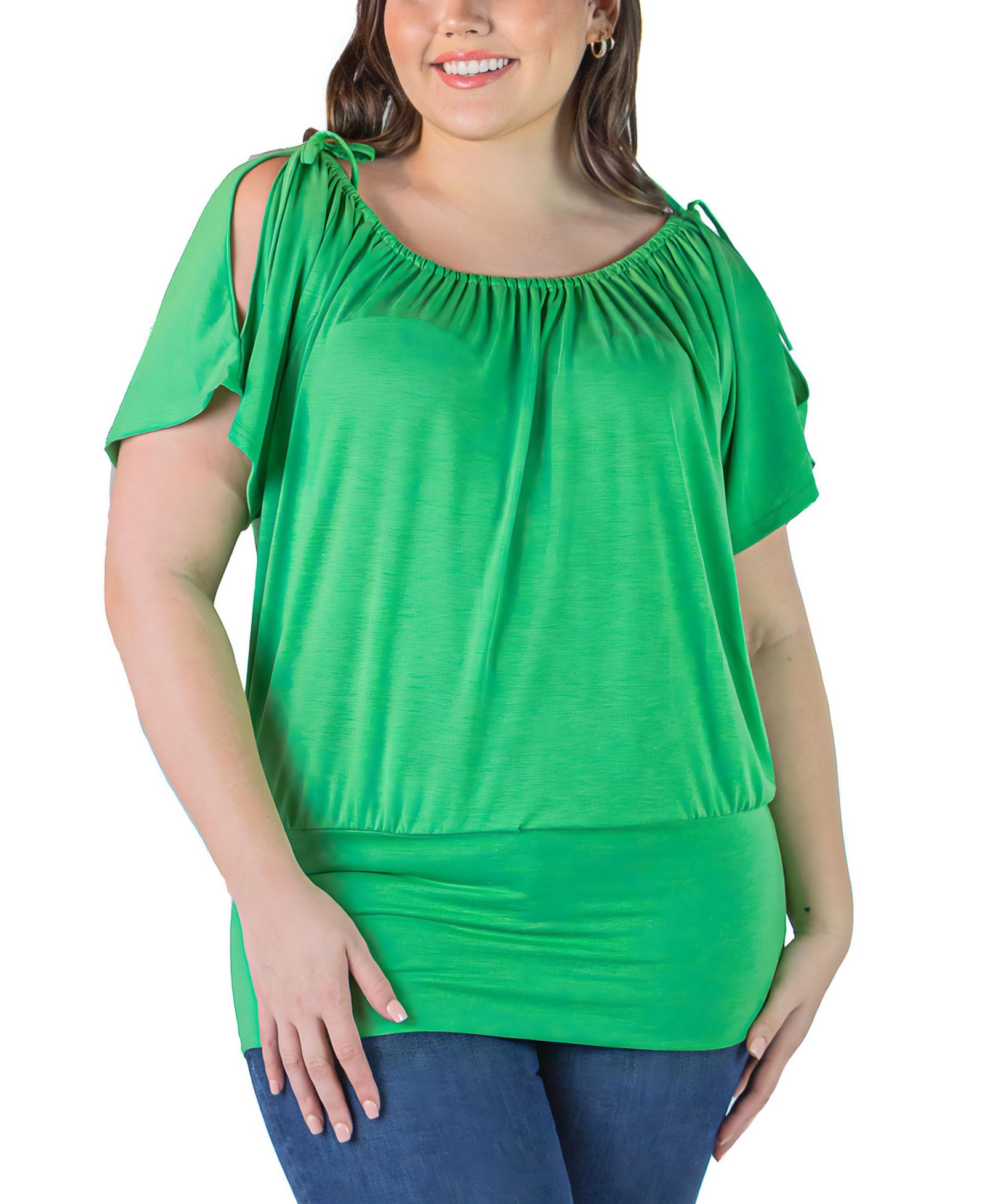 24seven Comfort Apparel Plus Size Short Sleeve Split Shoulder Top