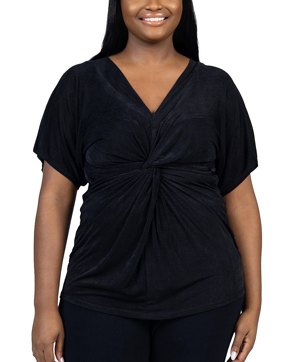 24seven Comfort Apparel Plus Size V Neck Knot Front Kimono Sleeve Top