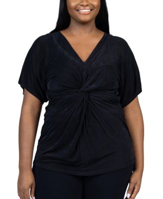 24seven Comfort Apparel Plus Size V Neck Knot Front Kimono Sleeve Top