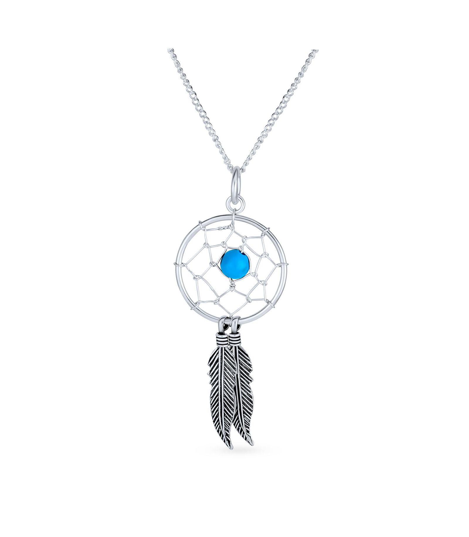 Подвеска-кулон Bling Jewelry Western Synthetic Turquoise Accent Feathers Leaf Dream Catcher s Oxidized Sterling Silver