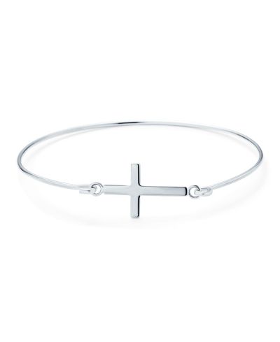 Bling Jewelry Delicate Religious Sideways Cross Bangle Bracelet .925 Sterling Silver