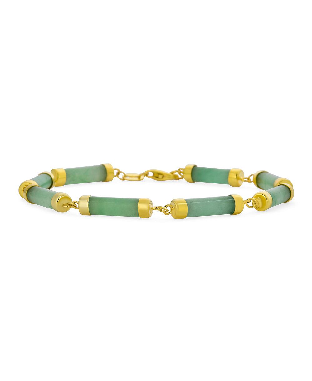 Bling Jewelry Asian Style Green Jade Tube Bar Link Bracelet Gold Plated .925 Silver 7.5"