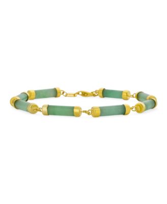 Bling Jewelry Asian Style Green Jade Tube Bar Link Bracelet Gold Plated .925 Silver 7.5"