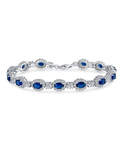 Bling Jewelry Vintage Style Halo Oval Blue CZ Tennis Bracelet .925 Sterling Silver 7.5"