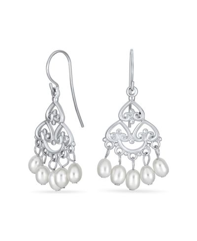 Bling Jewelry White Freshwater Pearl Fringe Dangle Earrings Sterling Silver Fish Hook