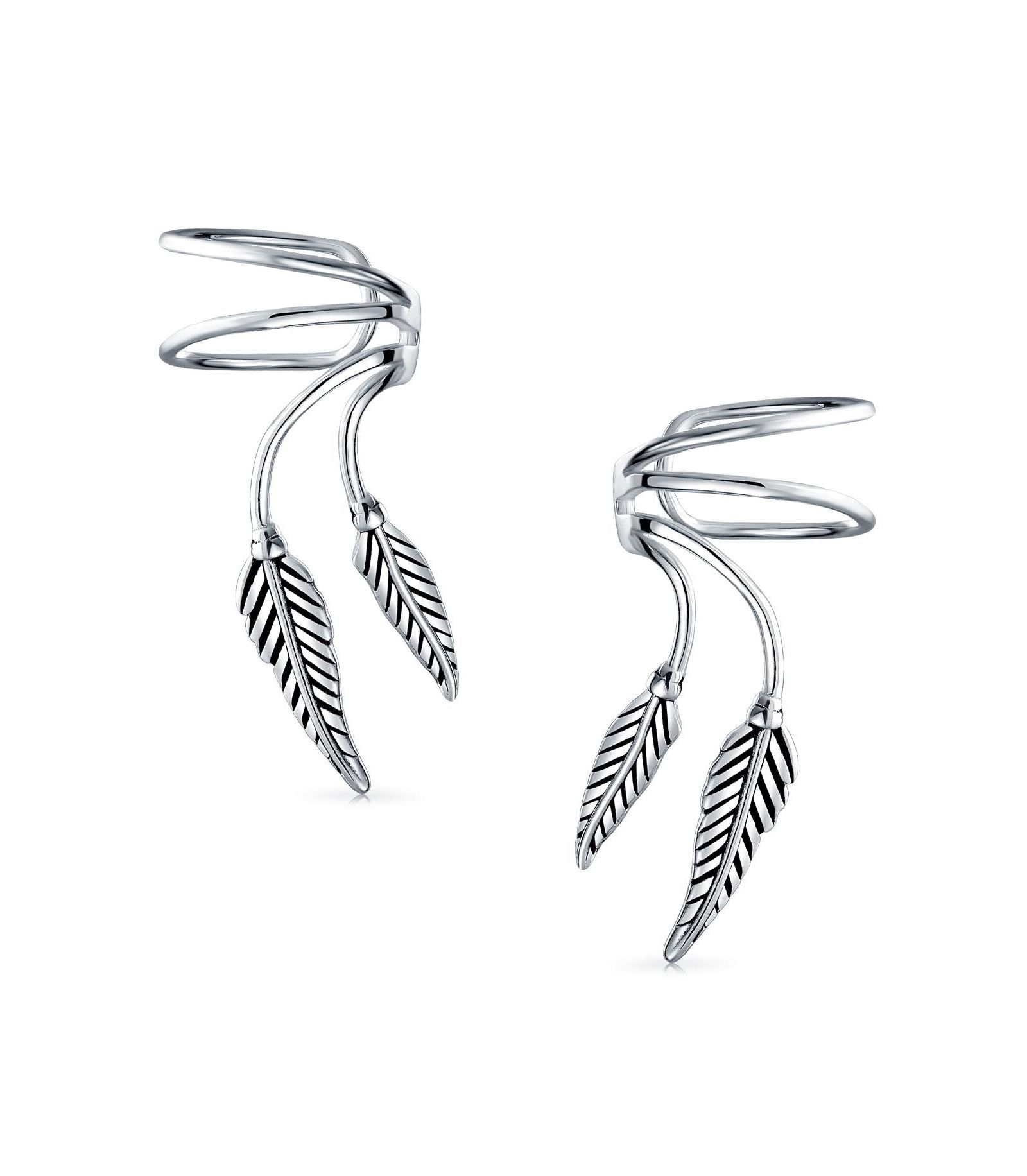 Серьги-каффы Bling Jewelry Cartilage Double Leaf Feather Wrap из серебра 925 Sterling Silver