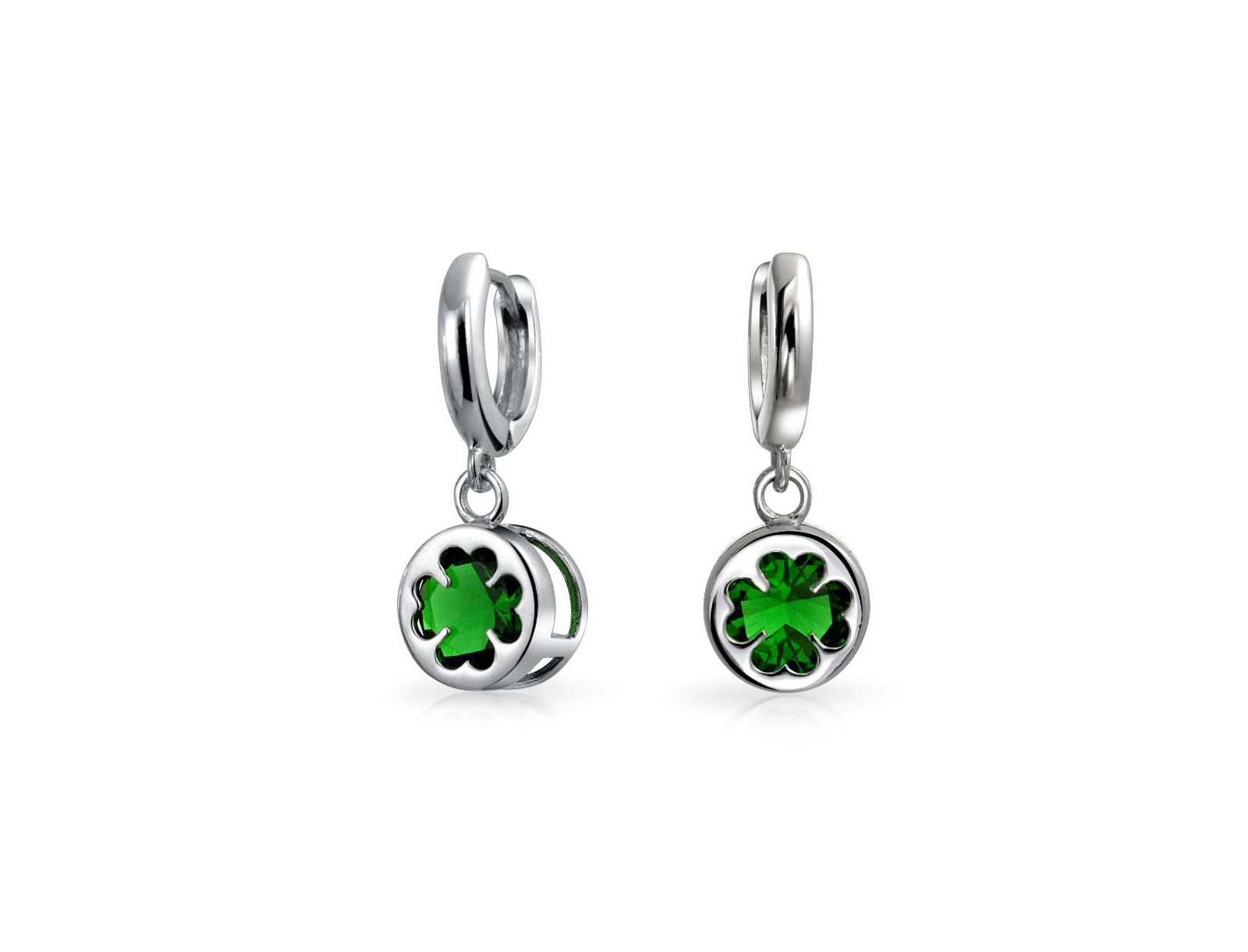 Bling Jewelry Good Luck Green CZ Heart Clover Dangle Earrings .925 Sterling Silver