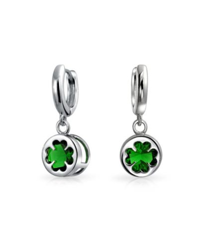Bling Jewelry Good Luck Green CZ Heart Clover Dangle Earrings .925 Sterling Silver