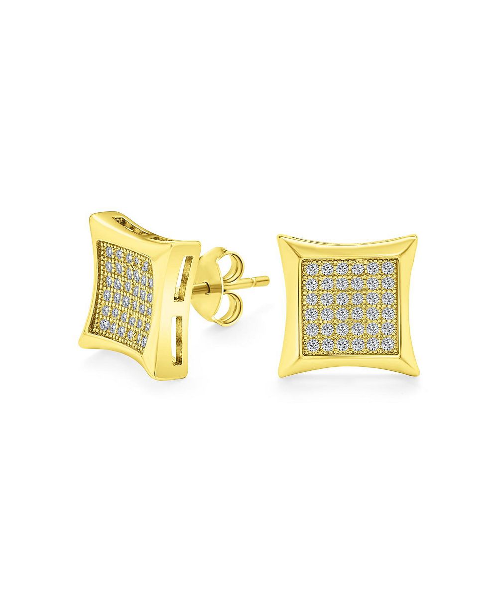 Bling Jewelry Square Pave CZ Kite Shaped Stud Earrings Gold Plated Sterling Silver 7MM