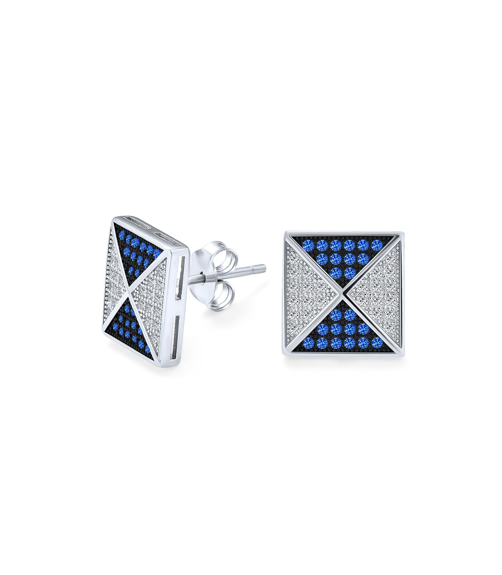 Bling Jewelry Geometric Square Dark Blue CZ Pyramid Stud Earrings .925 Sterling Silver