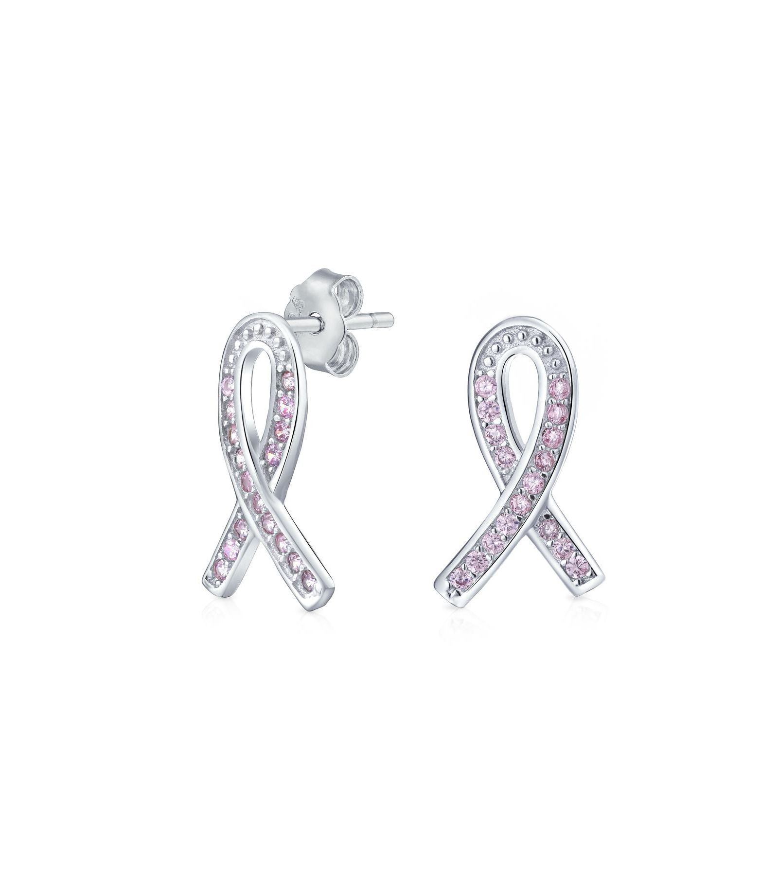 Серьги-гвоздики Bling Jewelry Breast Cancer Awareness CZ Pink Ribbon.925 Sterling Silver