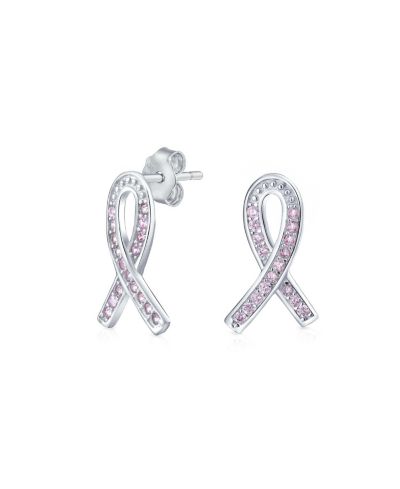 Bling Jewelry Breast Cancer Awareness CZ Pink Ribbon Stud Earrings .925 Sterling Silver