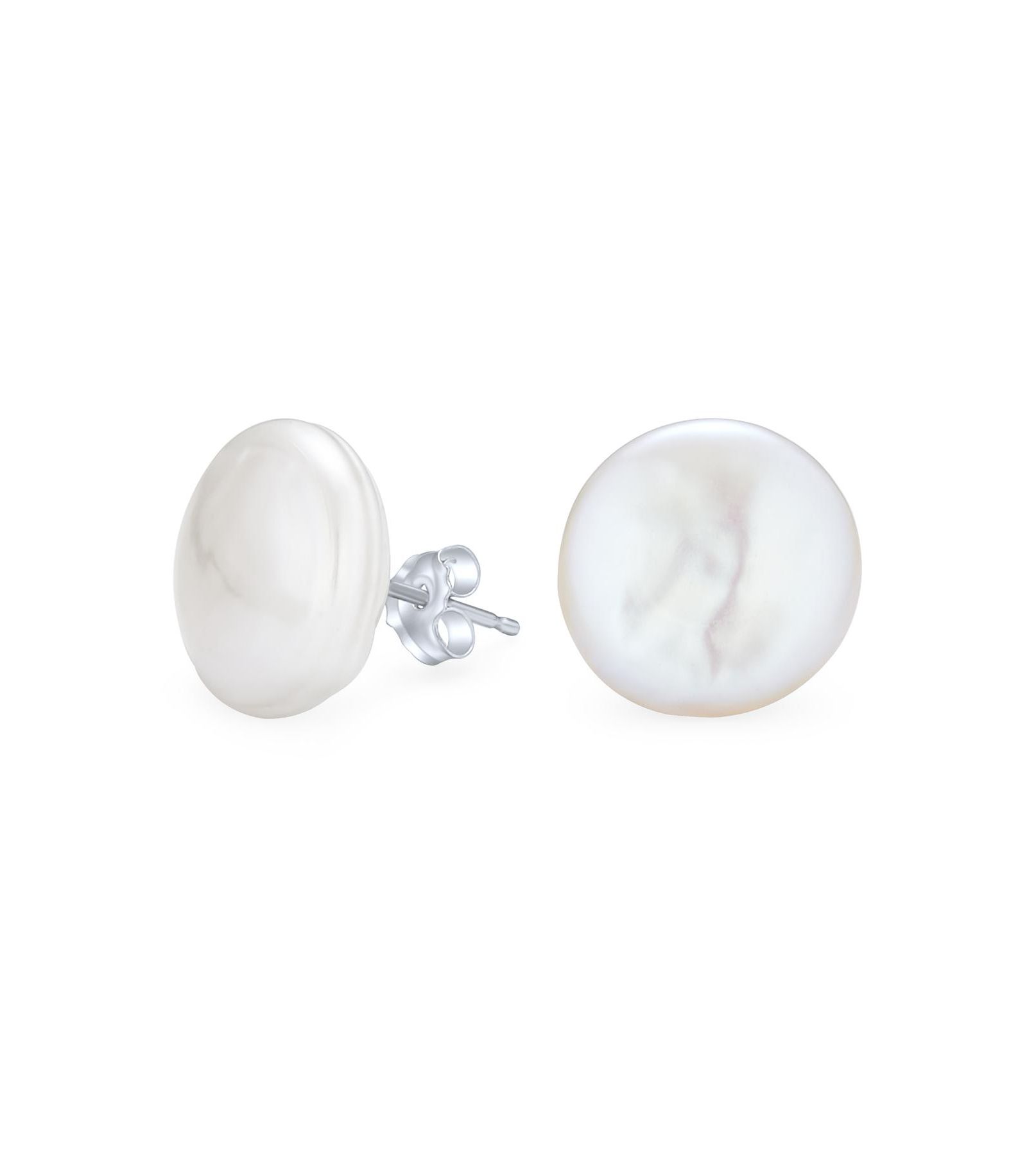 Bling Jewelry White Biwa Baroque Irregular Round Coin Pearl Stud Earrings Sterling Silver