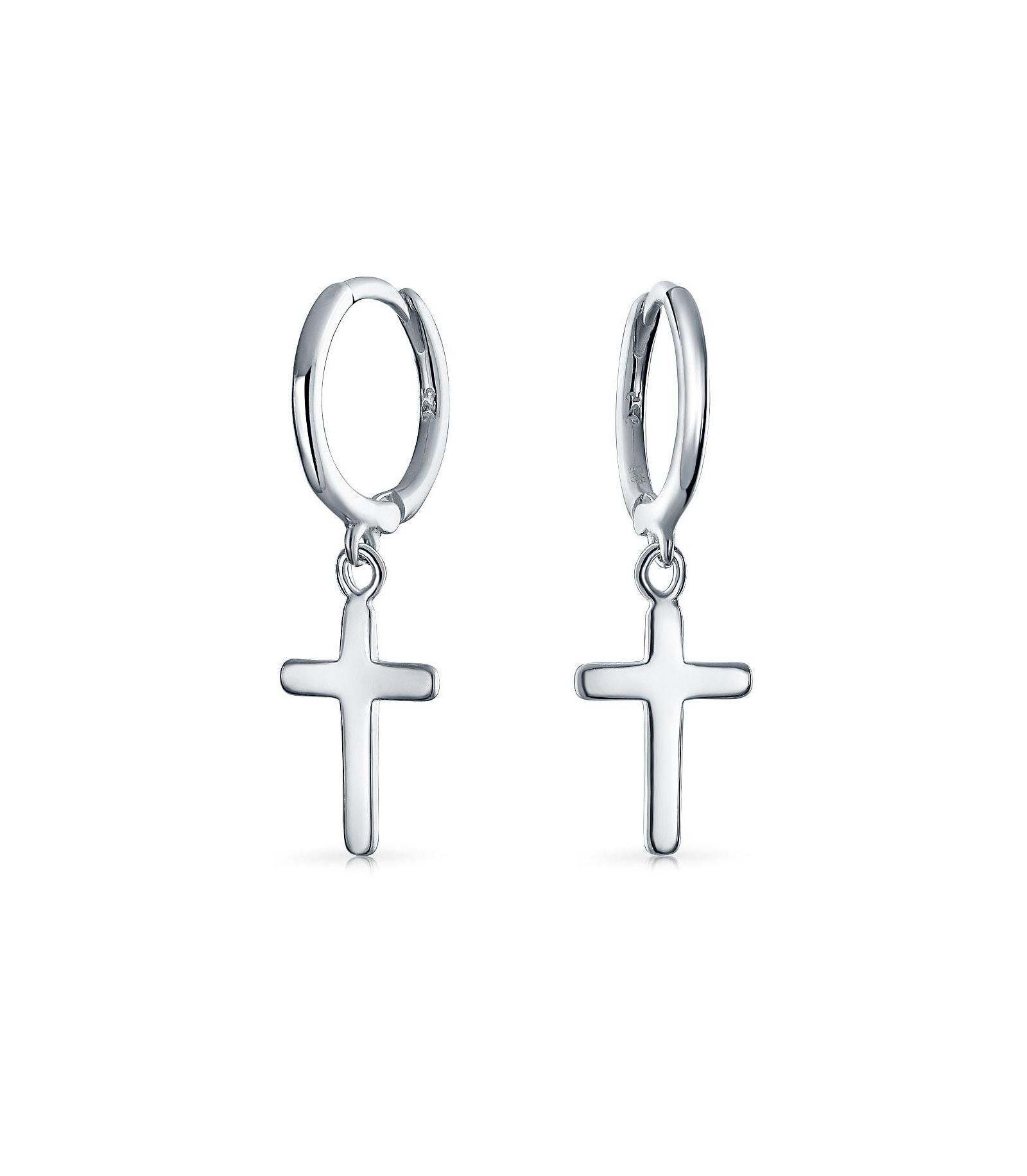 Bling Jewelry Tiny Religious Dangling Cross Huggies Earrings .925 Sterling Silver