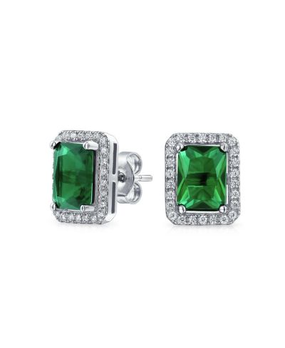 Bling Jewelry Серьги-гвоздики Art Deco Sterling Silver с изумрудно-зеленым CZ Halo