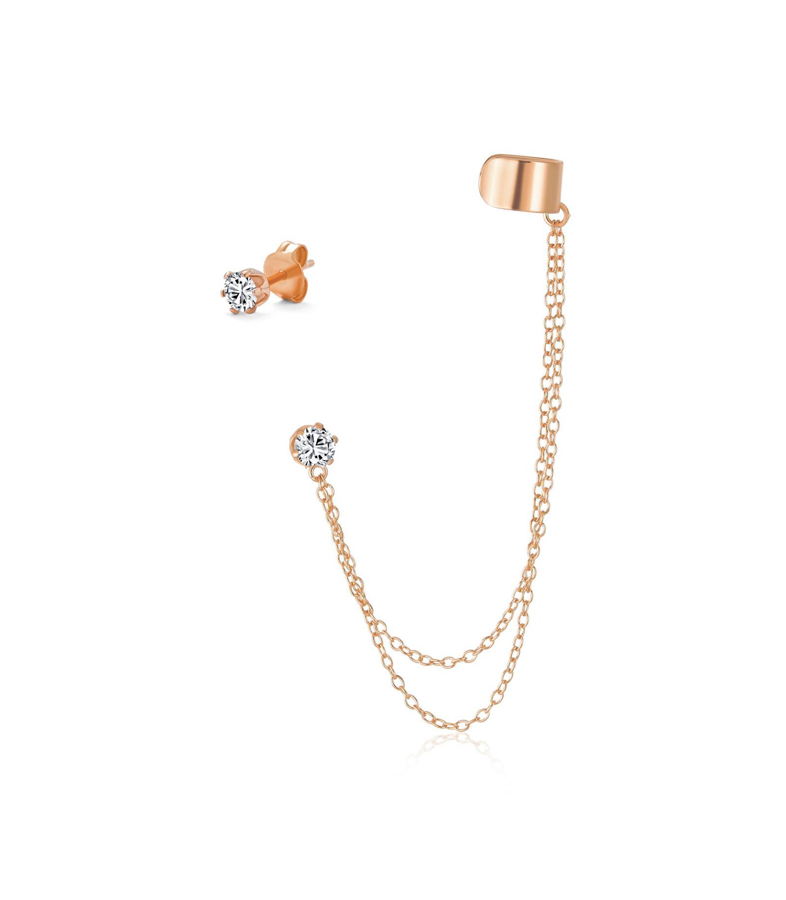 Bling Jewelry Geometric Cartilage With Two Chains Ear Warp Cuff CZ Cubic Zirconia Stud Ear Lobe Earring