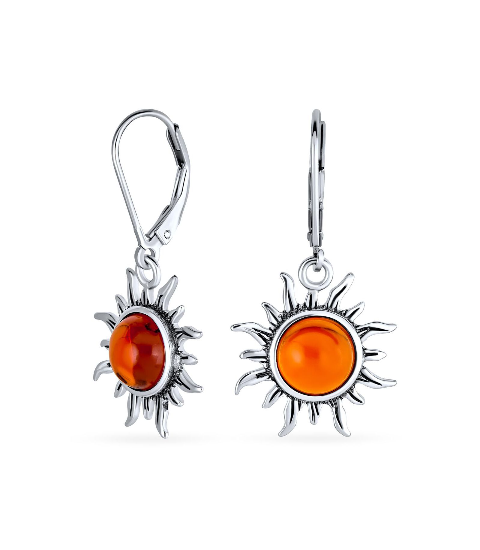 Bling Jewelry Orange Amber Sunburst Sun Dangle Drop Earrings .925 Sterling Silver