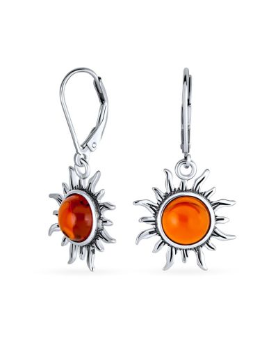Bling Jewelry Orange Amber Sunburst Sun Dangle Drop Earrings .925 Sterling Silver
