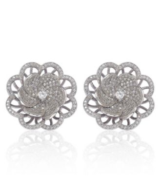 Suzy Levian Sterling Silver Cubic Zirconia Large Pave Flower Stud Earrings
