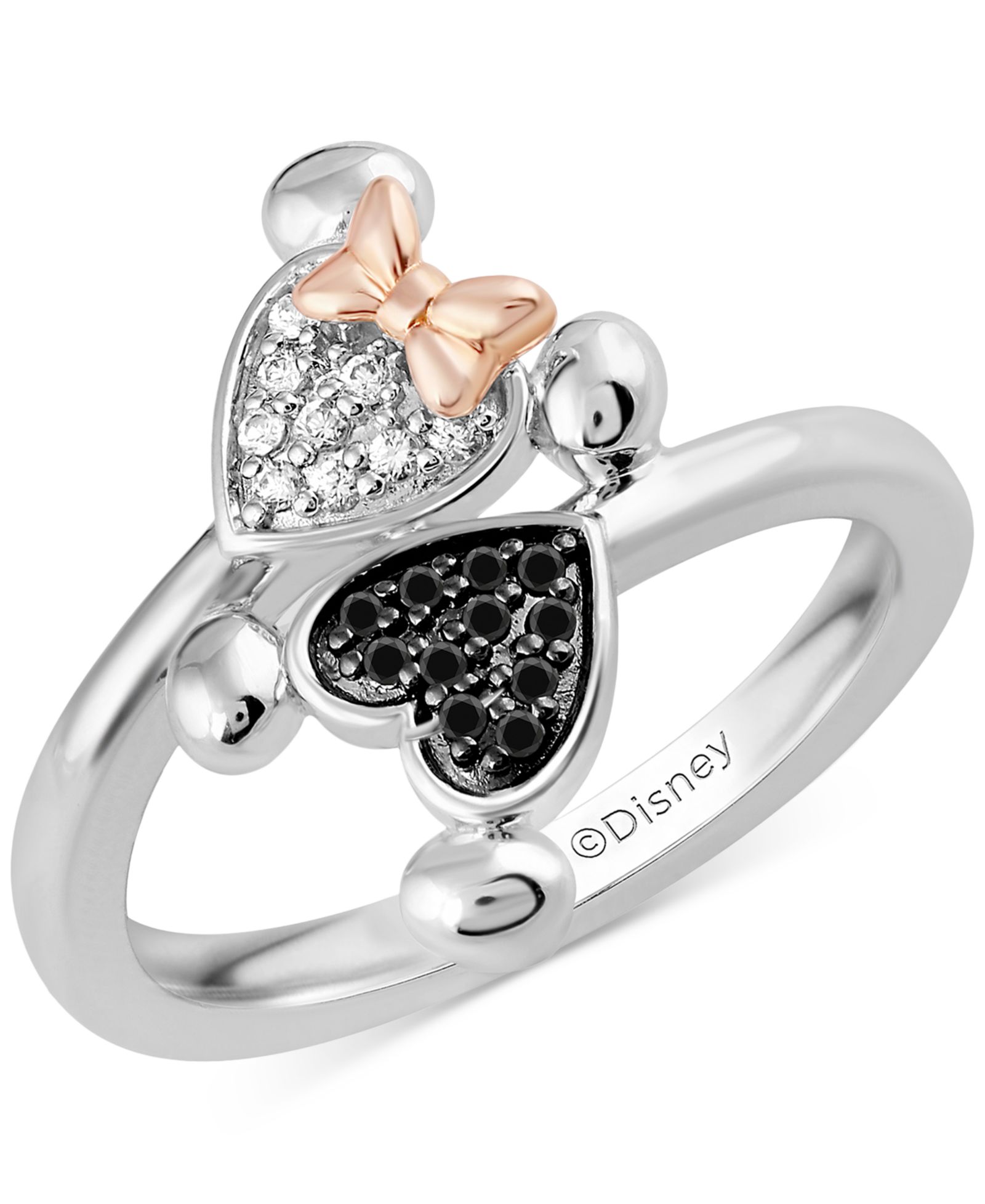 Кольцо Disney Wonder Fine Jewelry Minnie & Mickey Mouse Bypass с черными и белыми бриллиантами (1/5 ct. t.w.) из стерлингового серебра и позолоты Rose Gold-Plate