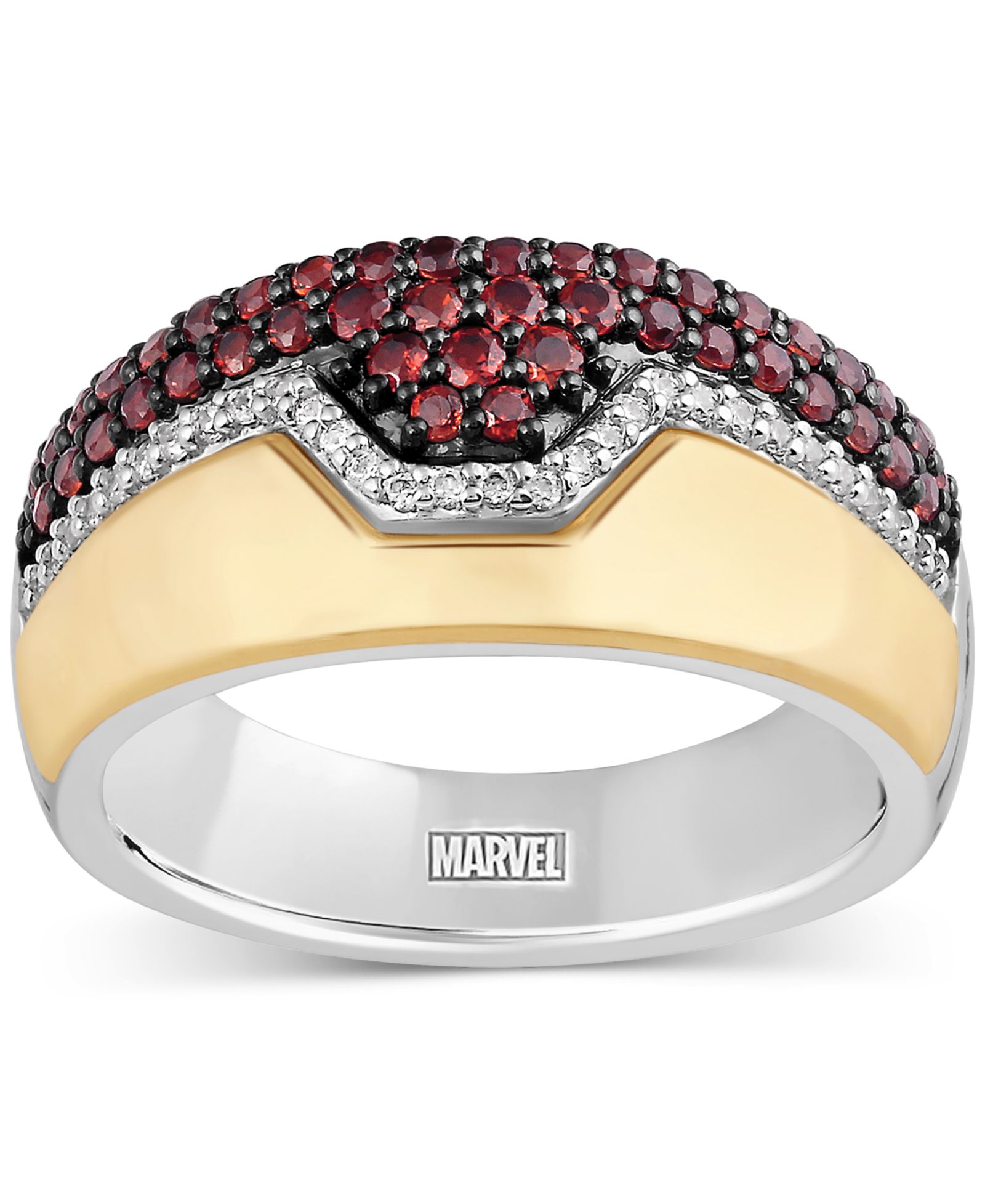 Marvel Wonder Fine Jewelry Garnet (3/4 ct. t.w.) & Diamond (1/10 ct. t.w.) Ironman Ring in Sterling Silver & Gold-Plate