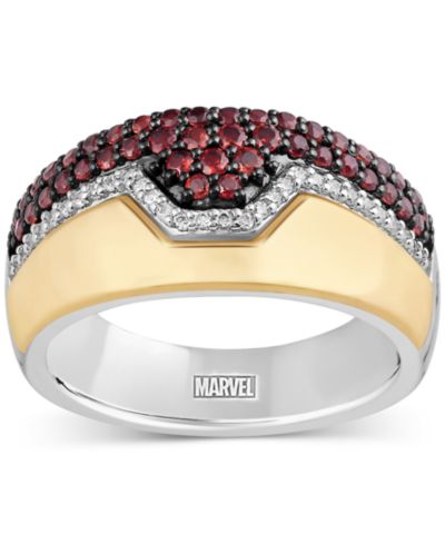 Marvel Wonder Fine Jewelry Garnet (3/4 ct. t.w.) & Diamond (1/10 ct. t.w.) Ironman Ring in Sterling Silver & Gold-Plate