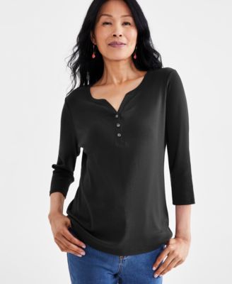 Женская хлопковая футболка Henley с рукавом 3/4 Style & Co