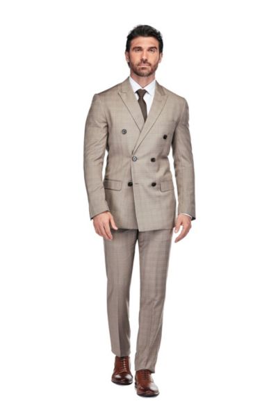 Gino Vitale Men's 2 Piece Slim Fit Brown Check Double Breasted Suit