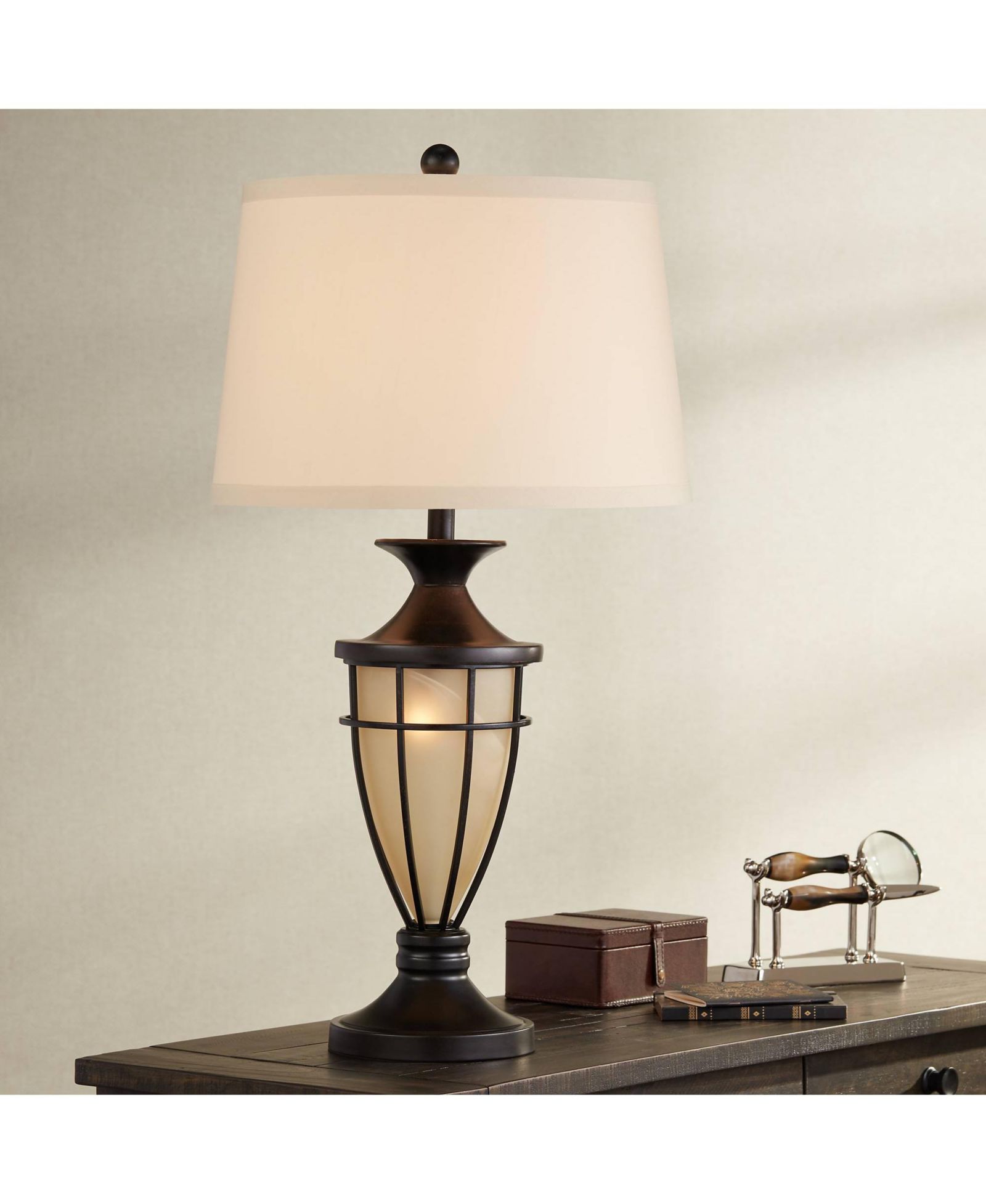John Timberland Mission настольная лампа с ночником 33" Champagne Glass Brushed Iron Cage Beige Fabric Shade для гостиной